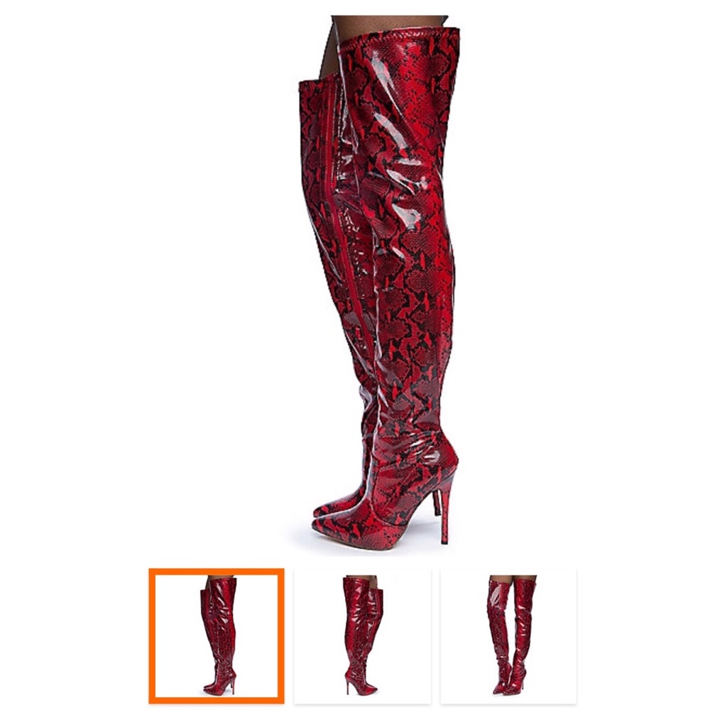 Red snakeskin thigh high boots by Chase & Chloe